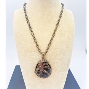 Artisan Bronze 30" Necklace w/ Textured Agate Cabochon & Crystal Sea Motif